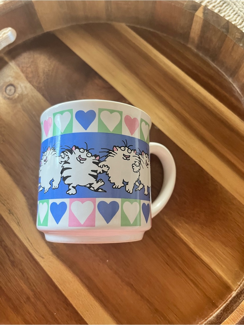 Sandra Boynton Cute Heart & Cats Ceramic Mug in Blue, Pink, Green EUC